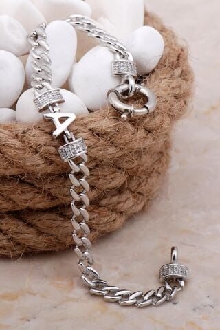 A Harfli Gurmet Rodyumlu Gümüş Bileklik 4029