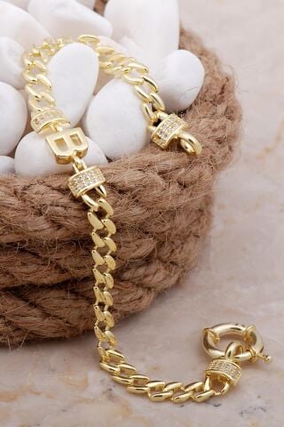 B Harfli Gurmet Altın Yaldızlı Gümüş Bileklik 4030