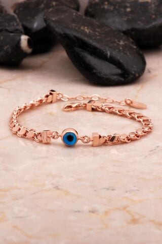 Gümüş Rose Arpa Pullu Göz Nazar Boncuklu Zincir Bileklik 4560