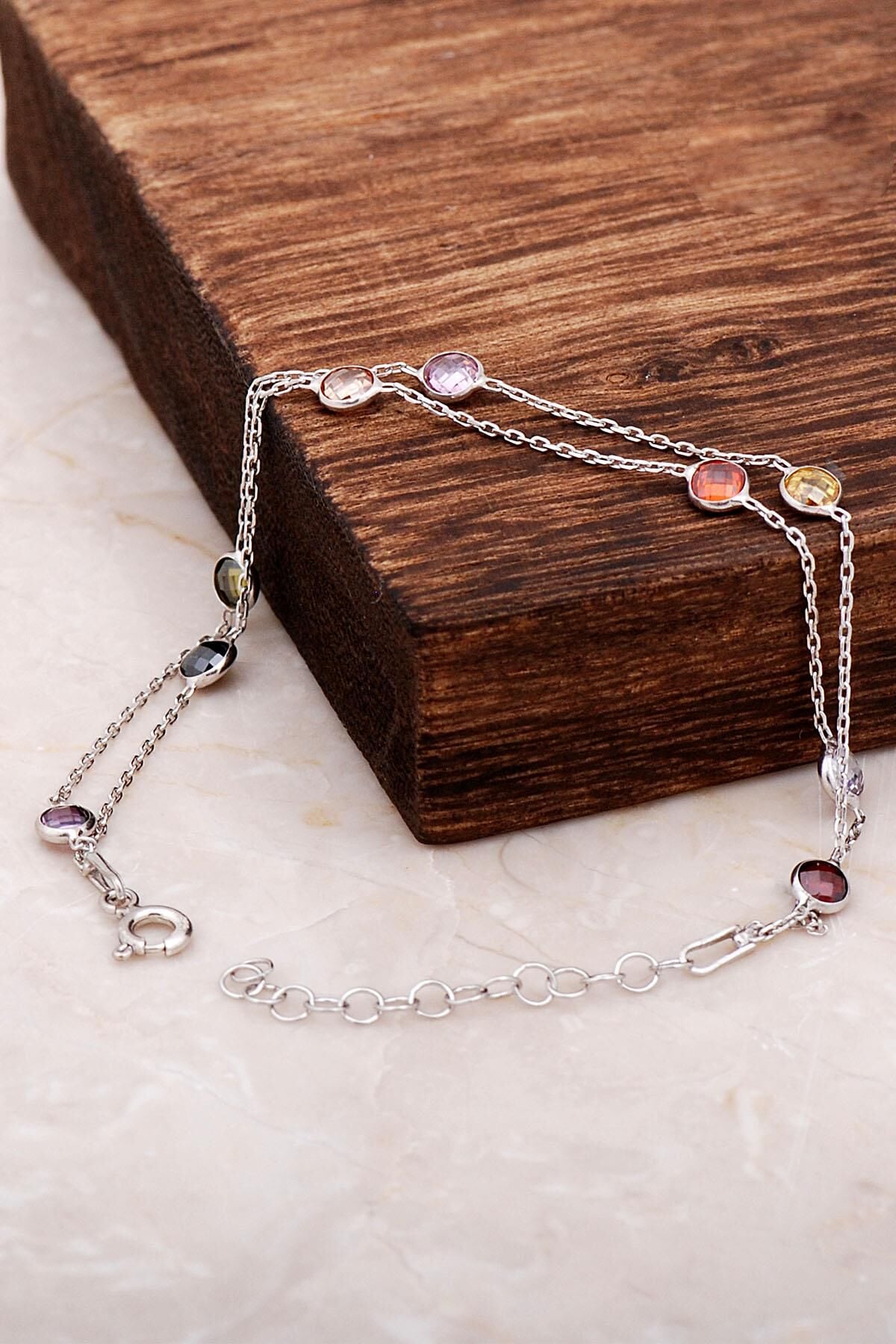 Mix Sıra Taşlı Tasarım Gümüş Bileklik 3233