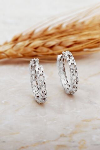 21 Mm Tasarım Baget Taşlı Rodyumlu Gümüş Halka Küpe 7168