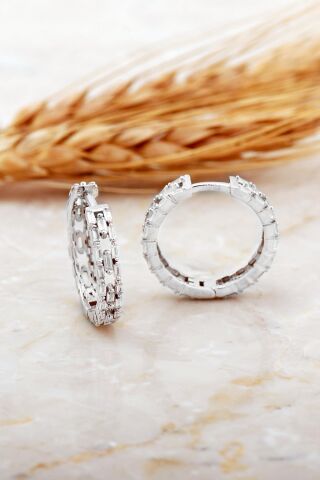 21 Mm Tasarım Baget Taşlı Rodyumlu Gümüş Halka Küpe 7168