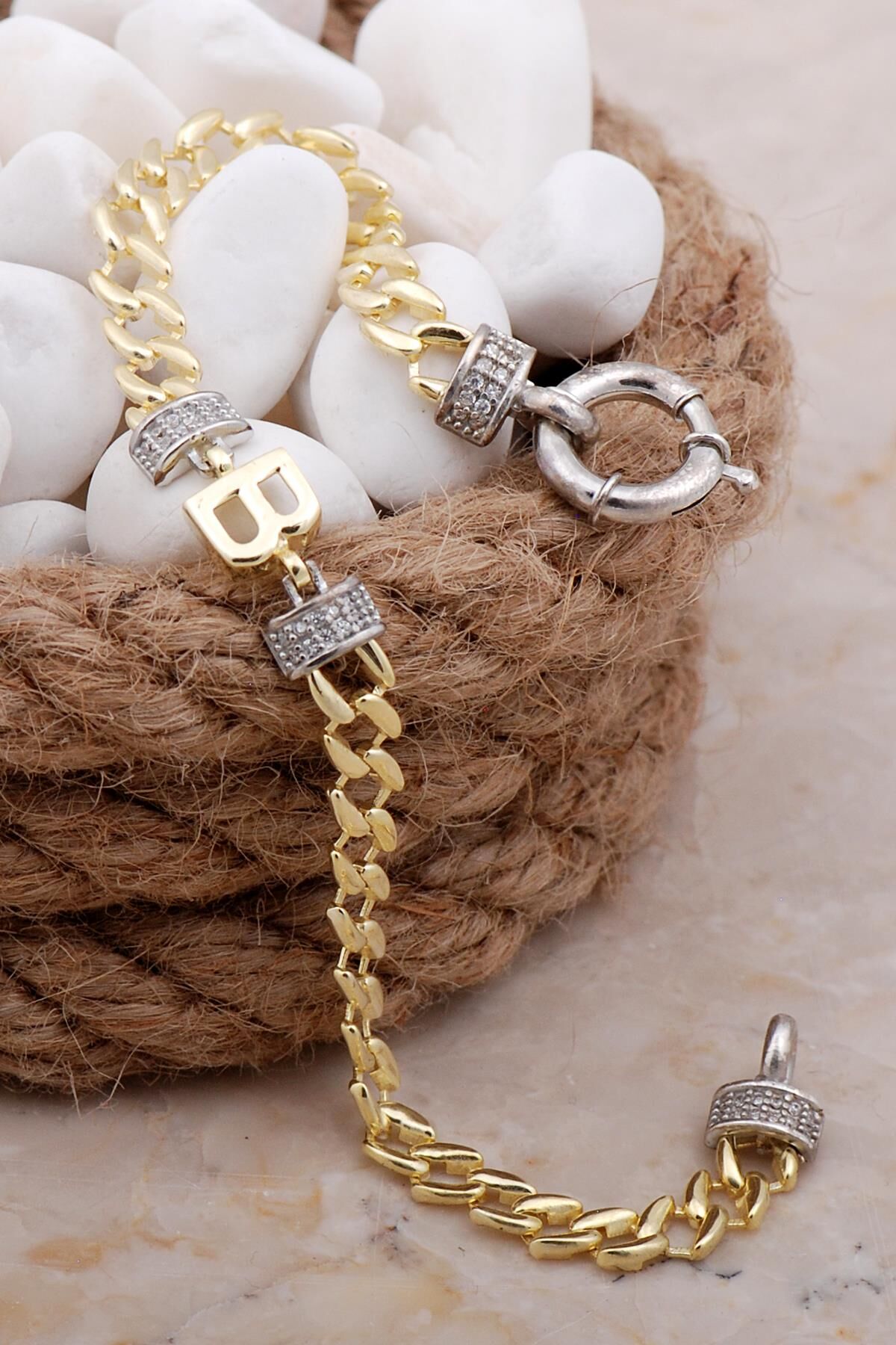 B Harfli Gurmet Altın Yaldızlı Gümüş Bileklik 4031