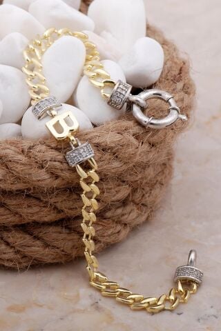 B Harfli Gurmet Altın Yaldızlı Gümüş Bileklik 4031