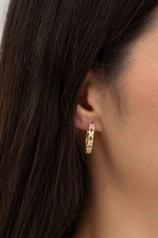 21 Mm Tasarım Baget Taşlı Altın Kaplama Gümüş Halka Küpe 7169