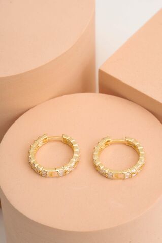 21 Mm Tasarım Baget Taşlı Altın Kaplama Gümüş Halka Küpe 7169