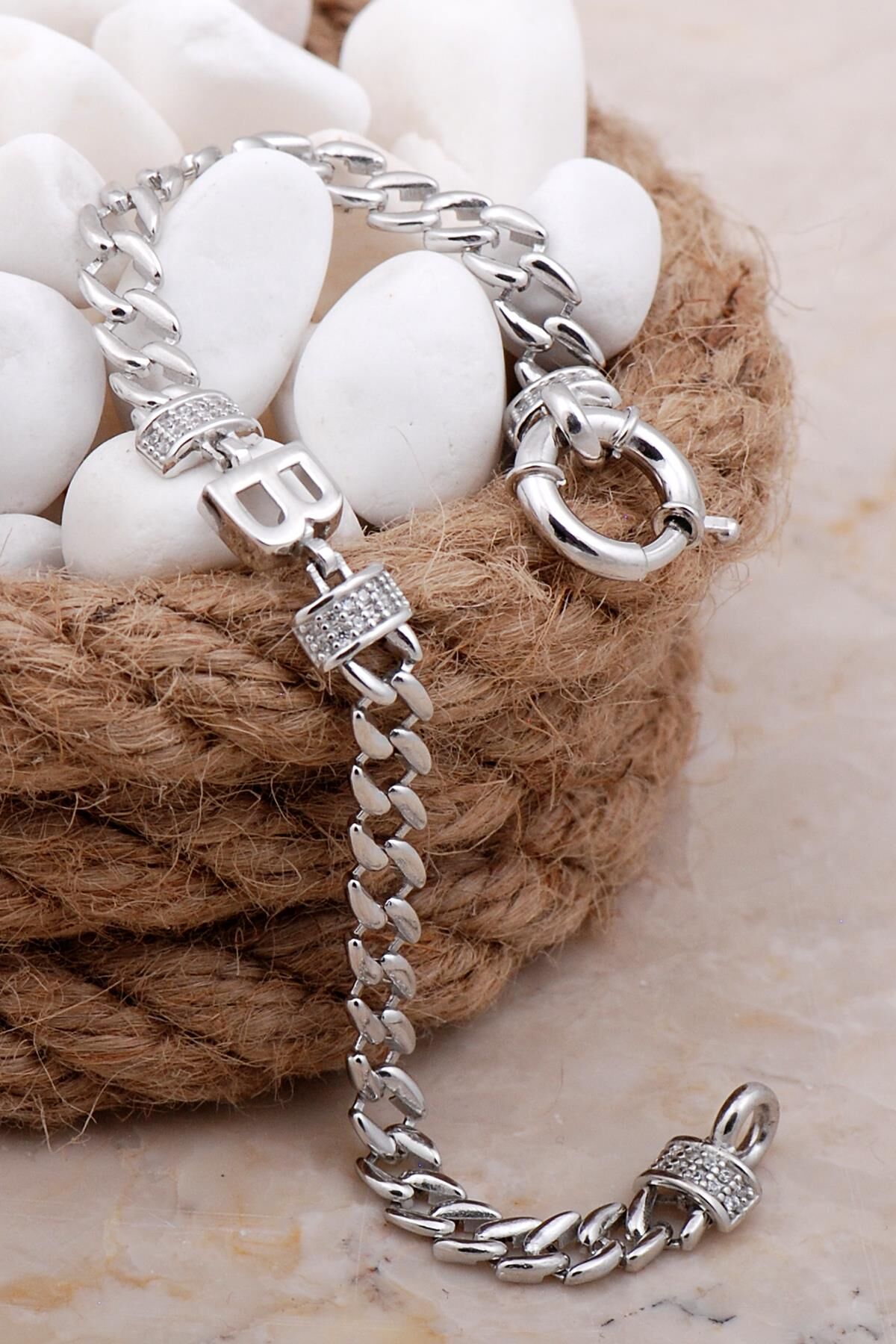 B Harfli Gurmet Rodyumlu Gümüş Bileklik 4032