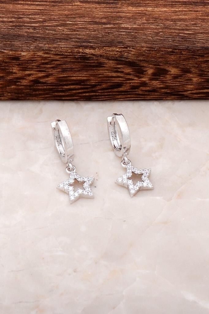 Yıldız Tasarımlı Gümüş Halka Küpe 4437