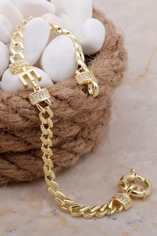 E Harfli Gurmet Altın Yaldfızlı Gümüş Bileklik 4033