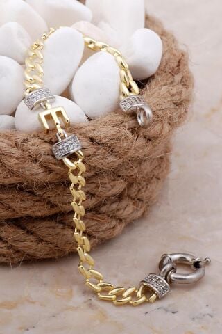 E Harfli Gurmet Altın Yaldızlı Gümüş Bileklik 4034