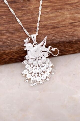 Tavus Kuşu Telkari İşlemeli El Yapımı Gümüş Kolye 6233