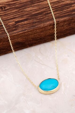 Turkuaz Taşlı Altın Yaldızlı Gümüş Kolye 6674