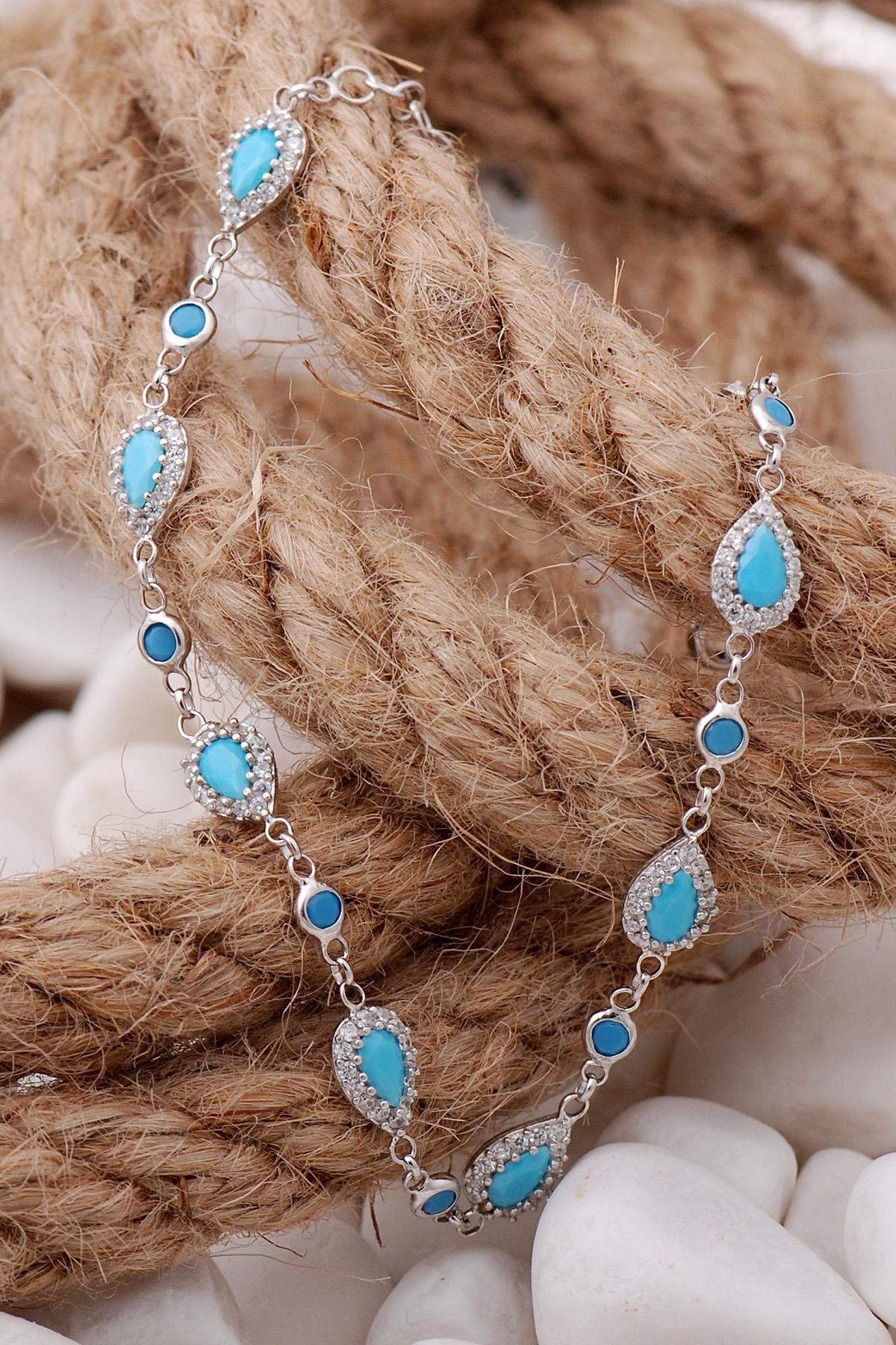 Turkuaz Damla Montürlü Rodyumlu Gümüş Bileklik 3898