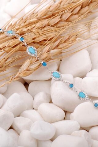 Turkuaz Damla Montürlü Rodyumlu Gümüş Bileklik 3898