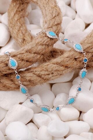 Turkuaz Damla Montürlü Rodyumlu Gümüş Bileklik 3898