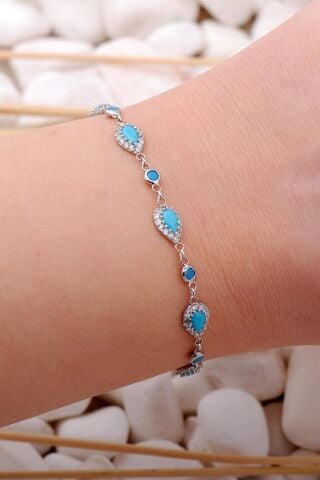 Turkuaz Damla Montürlü Rodyumlu Gümüş Bileklik 3898