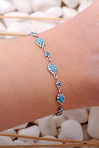 Turkuaz Damla Montürlü Rodyumlu Gümüş Bileklik 3898