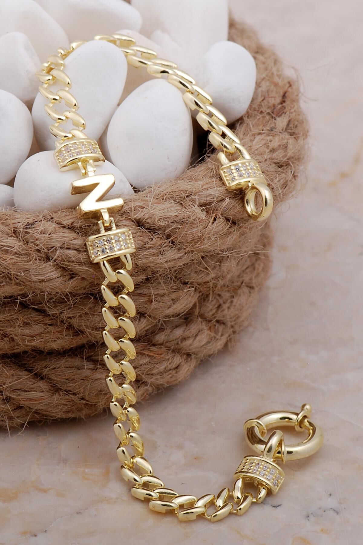 N Harfli Gurmet Altın Yaldızlı Gümüş Bileklik 4036