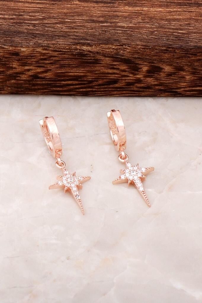 Kutup Yıldızı Tasarım Rose Gümüş Halka Küpe 4442
