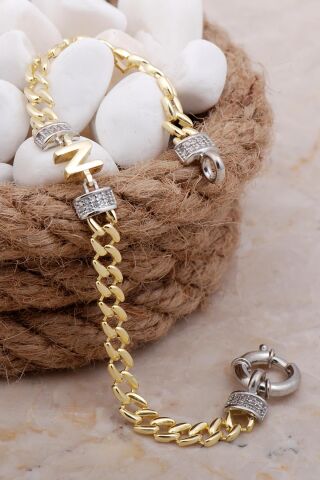 N Harfli Gurmet Altın Yaldızlı Gümüş Bileklik 4037