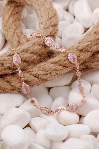 Pembe Zirkon Damla Montürlü Rose Gümüş Bileklik 3900