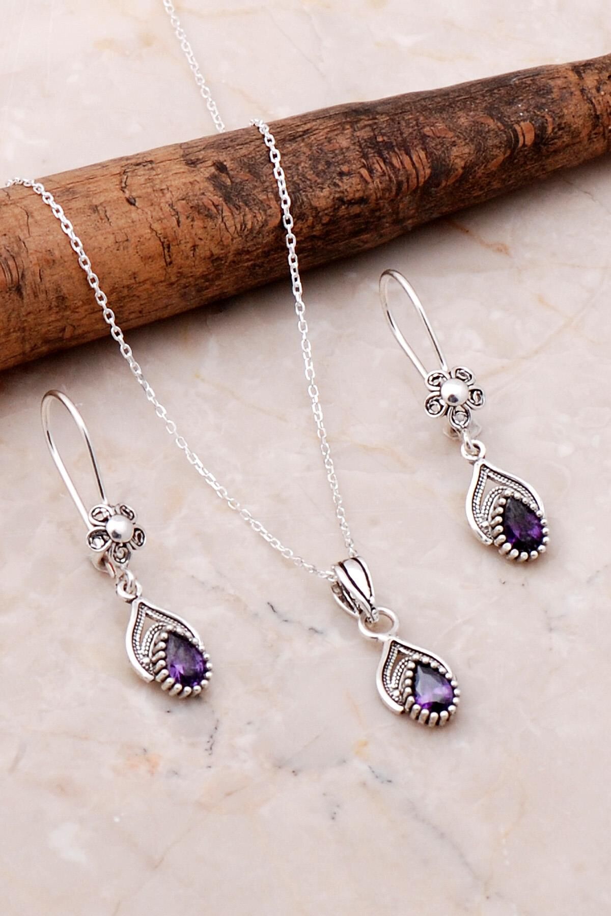Telkari İşlemeli Elişi Gümüş Ametist Set 2196