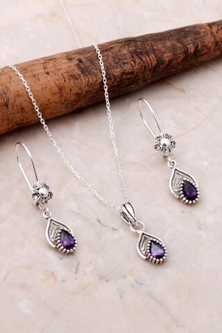 Telkari İşlemeli Elişi Gümüş Ametist Set 2196