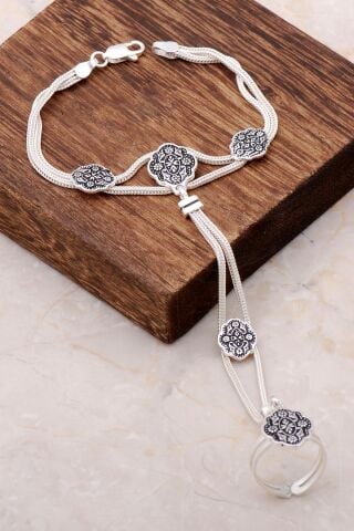 Hasır Örgü Şahmeran Gümüş Yüzüklü Bileklik 36