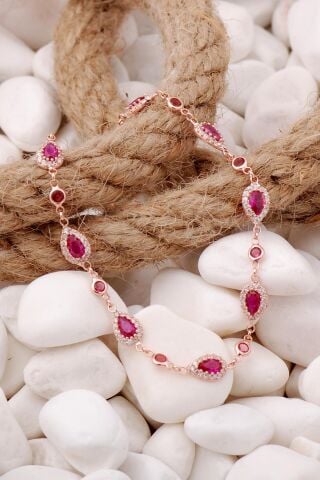 Kök Yakut Damla Montürlü Rose Gümüş Bileklik 3901