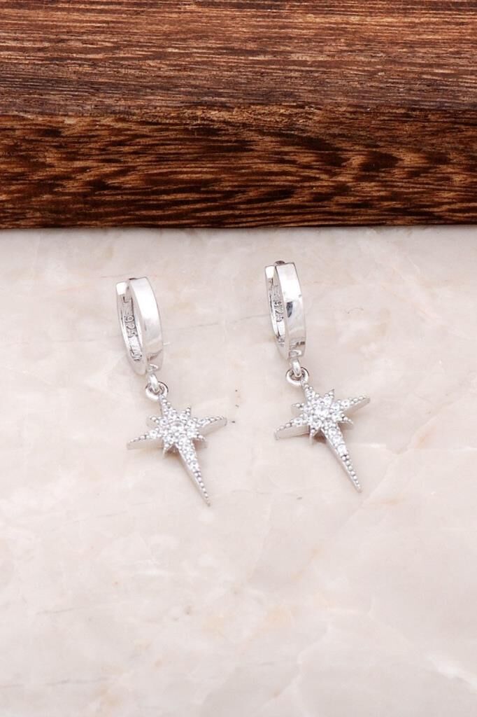 Kutup Yıldızı Tasarımlı Gümüş Halka Küpe 4443