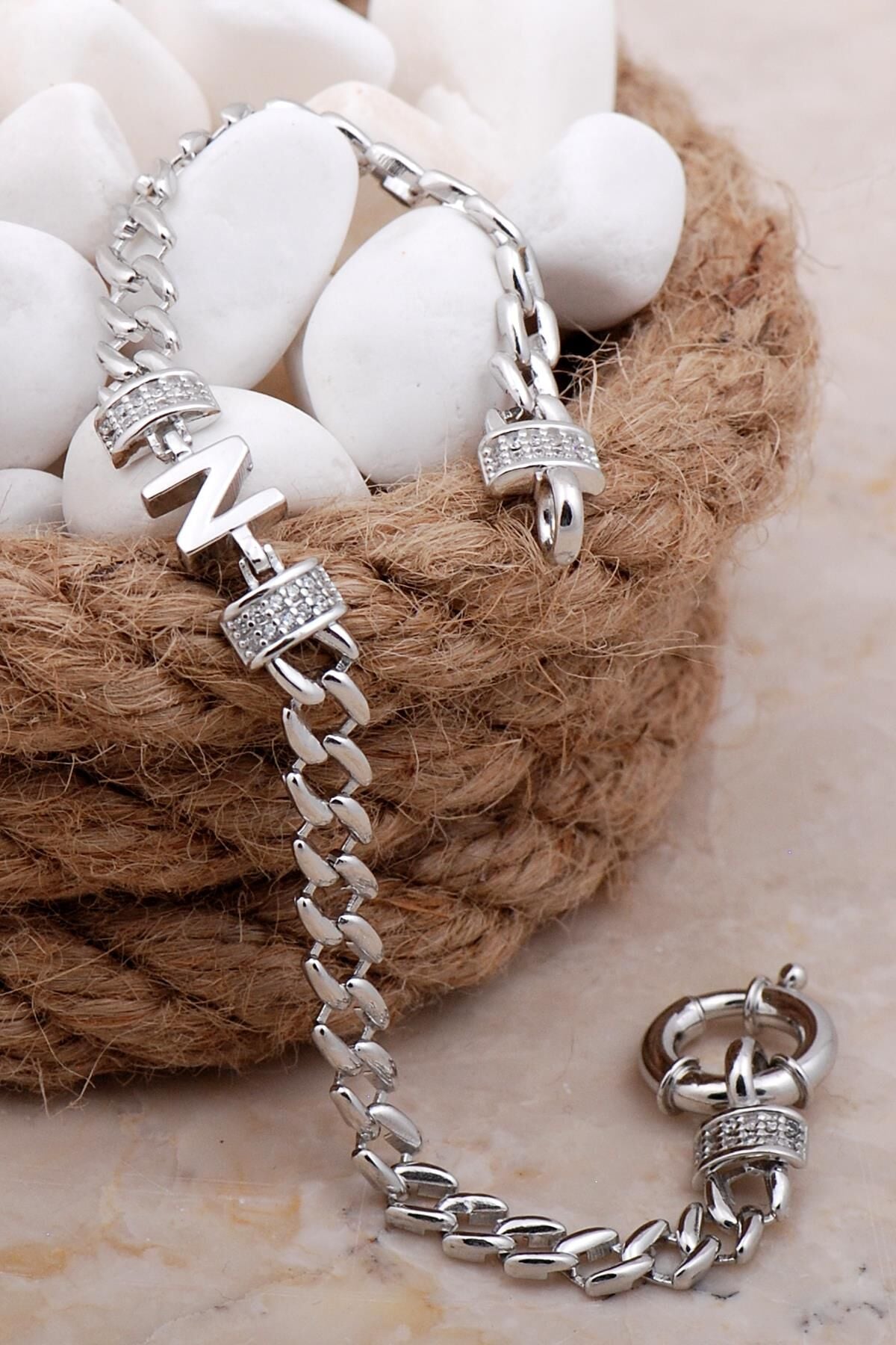 N Harfli Gurmet Rodyumlu Gümüş Bileklik 4038