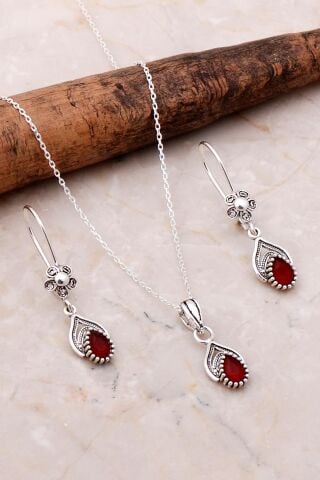 Telkari İşlemeli Elişi Gümüş Yakut Set 2197