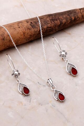 Telkari İşlemeli Elişi Gümüş Yakut Set 2197