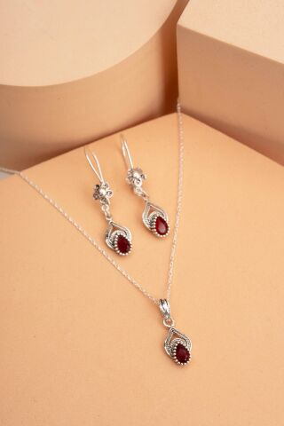 Telkari İşlemeli Elişi Gümüş Yakut Set 2197