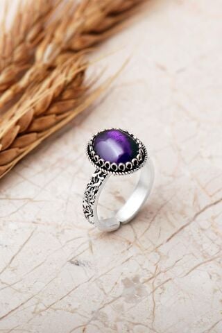 2 Farklı Doğal Taş Seçenekli Elişi Ayarlanabilir 925 Ayar Gümüş Oval Yüzük 6006