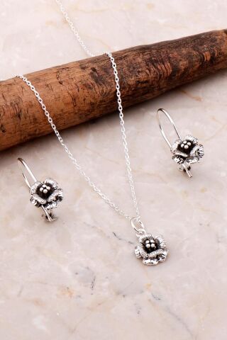 Çiçekli Oksitli Elişi Gümüş Set 2198