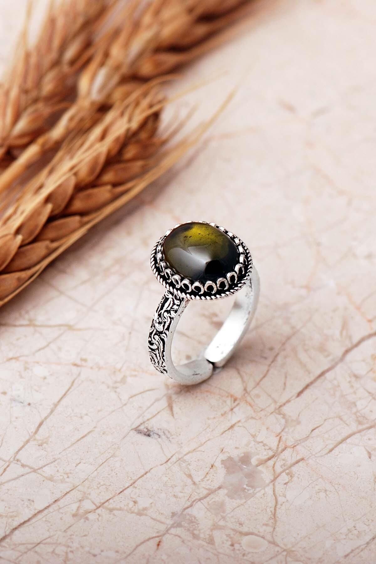 2 Farklı Doğal Taş Seçenekli Elişi Ayarlanabilir 925 Ayar Gümüş Oval Yüzük 6006 Peridot Taşı (Haki)