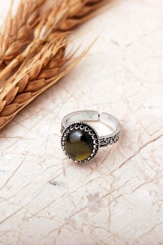 2 Farklı Doğal Taş Seçenekli Elişi Ayarlanabilir 925 Ayar Gümüş Oval Yüzük 6006 Peridot Taşı (Haki)