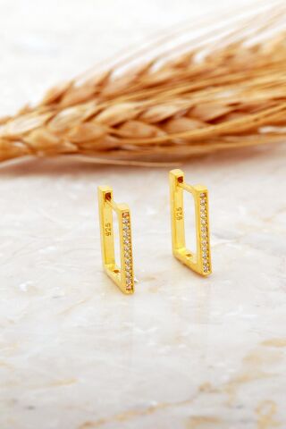 Dikdörtgen Taşlı Altın Kaplama Minimal Gümüş Küpe 7176