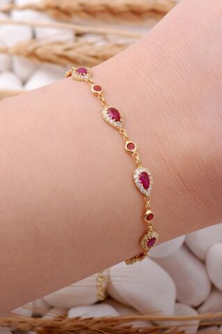 Kök Yakut Damla Montürlü Altın Yaldızlı Gümüş Bileklik 3903