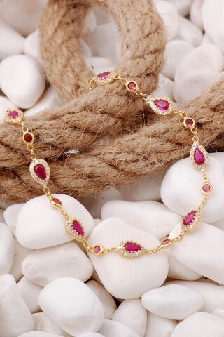 Kök Yakut Damla Montürlü Altın Yaldızlı Gümüş Bileklik 3903