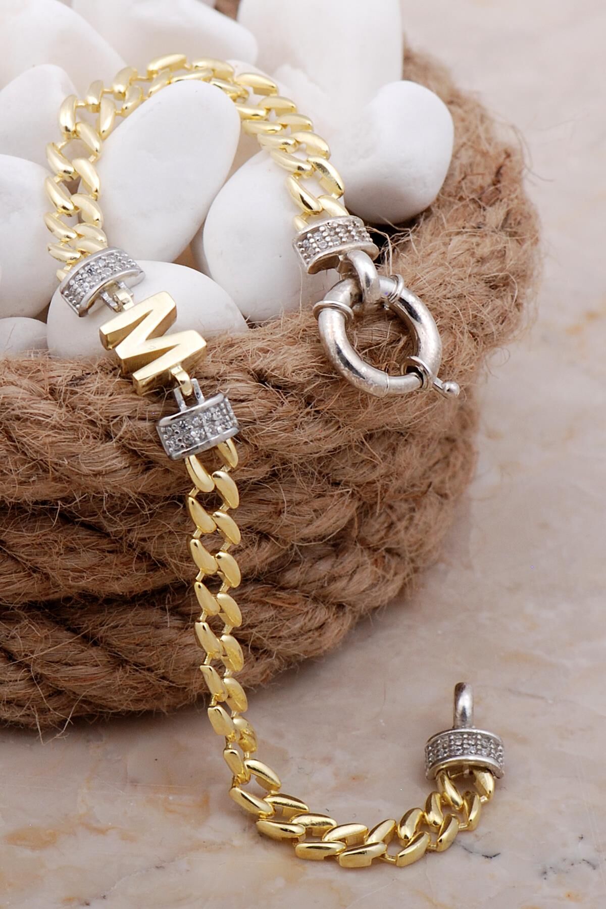 M Harfli Gurmet Altın Yaldızlı Gümüş Bileklik 4040