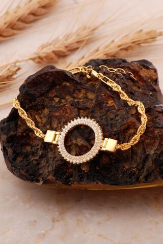 Çeyrek Çerçeveli Halat Elişi Altın Kaplama Gümüş Bileklik 4719