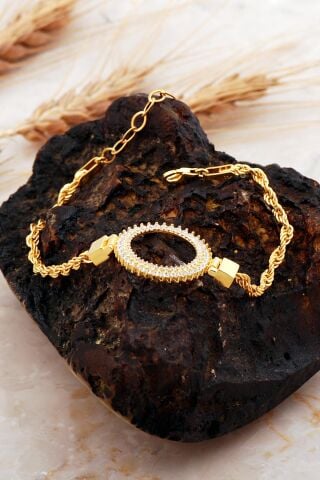 Çeyrek Çerçeveli Halat Elişi Altın Kaplama Gümüş Bileklik 4719