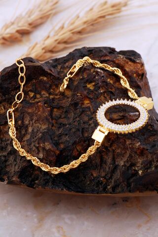 Çeyrek Çerçeveli Halat Elişi Altın Kaplama Gümüş Bileklik 4719