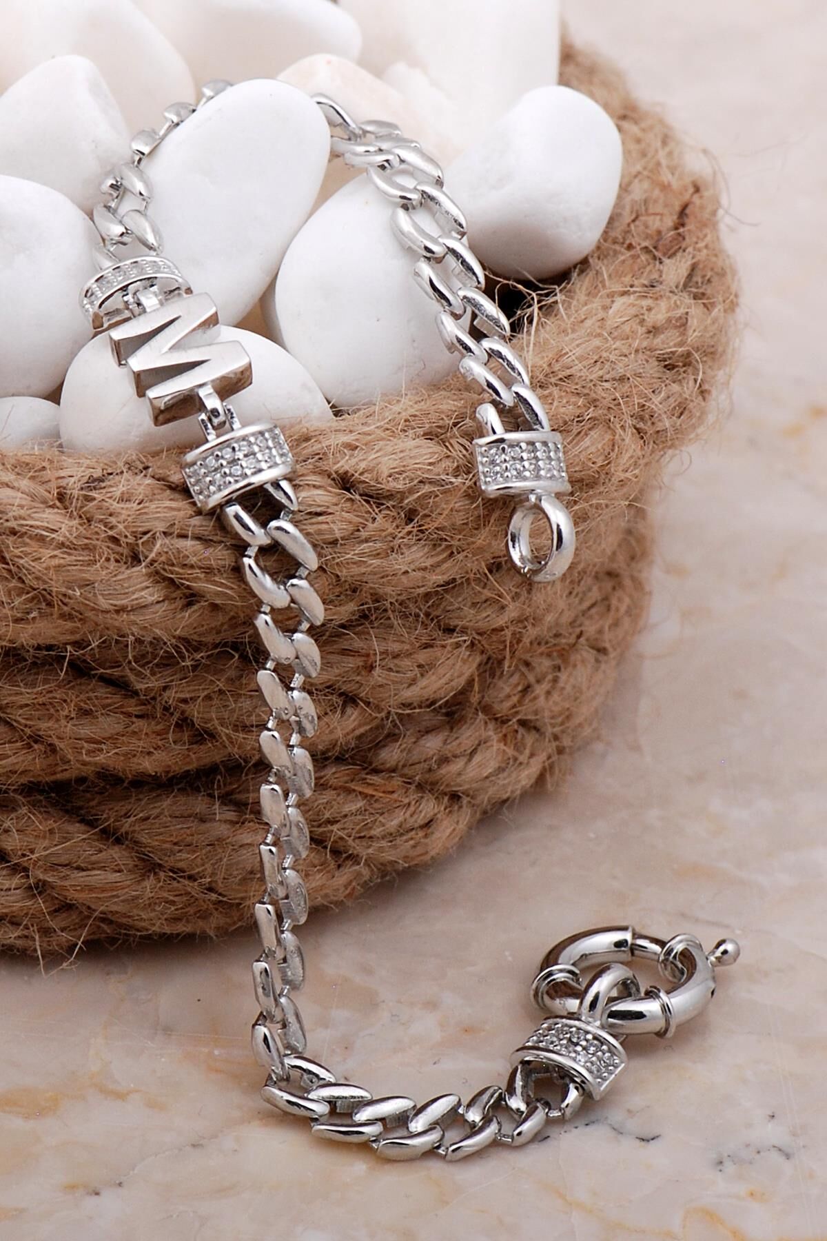 M Harfli Gurmet Rodyumlu Gümüş Bileklik 4041