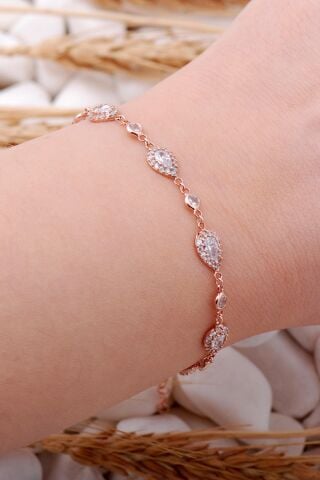 Zirkon Damla Montürlü Rose Gümüş Bileklik 3904