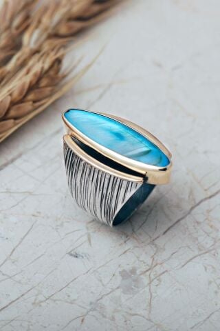 6 Farklı Renk Seçenekli Sedef Taşlı Elişi Mekik 925 Ayar Gümüş Yüzük 6007