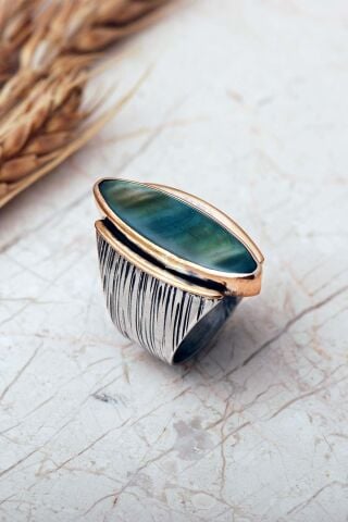 6 Farklı Renk Seçenekli Sedef Taşlı Elişi Mekik 925 Ayar Gümüş Yüzük 6007