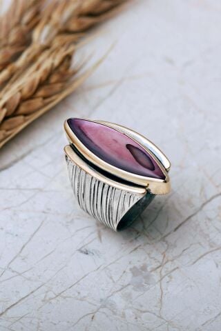 6 Farklı Renk Seçenekli Sedef Taşlı Elişi Mekik 925 Ayar Gümüş Yüzük 6007